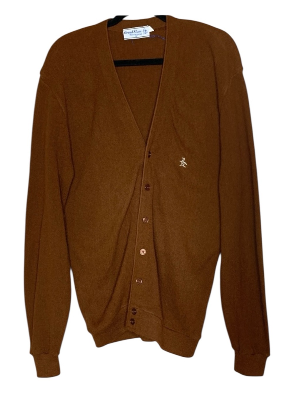 VTG Grand Slam Chest-Logo Brown Button-Front Preppy Cardigan M Tall